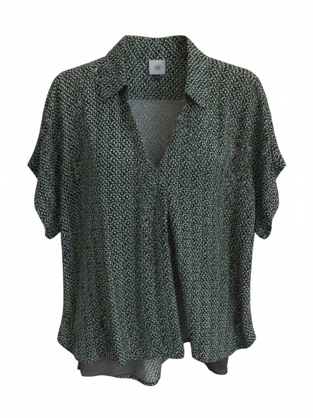 CAbi Forest Green Micro-Pattern Short Sleeve V-Neck Blouse